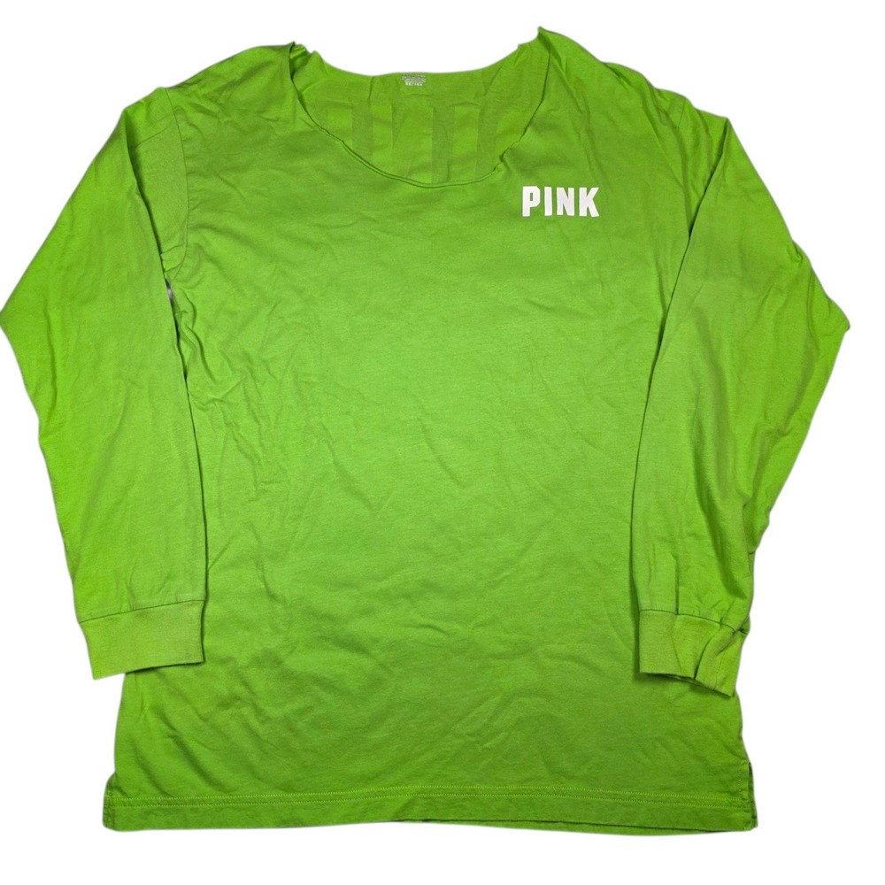 Victoria's Secret PINK Long Sleeve T-Shirt Neon Lime Green Logo Graphic Small